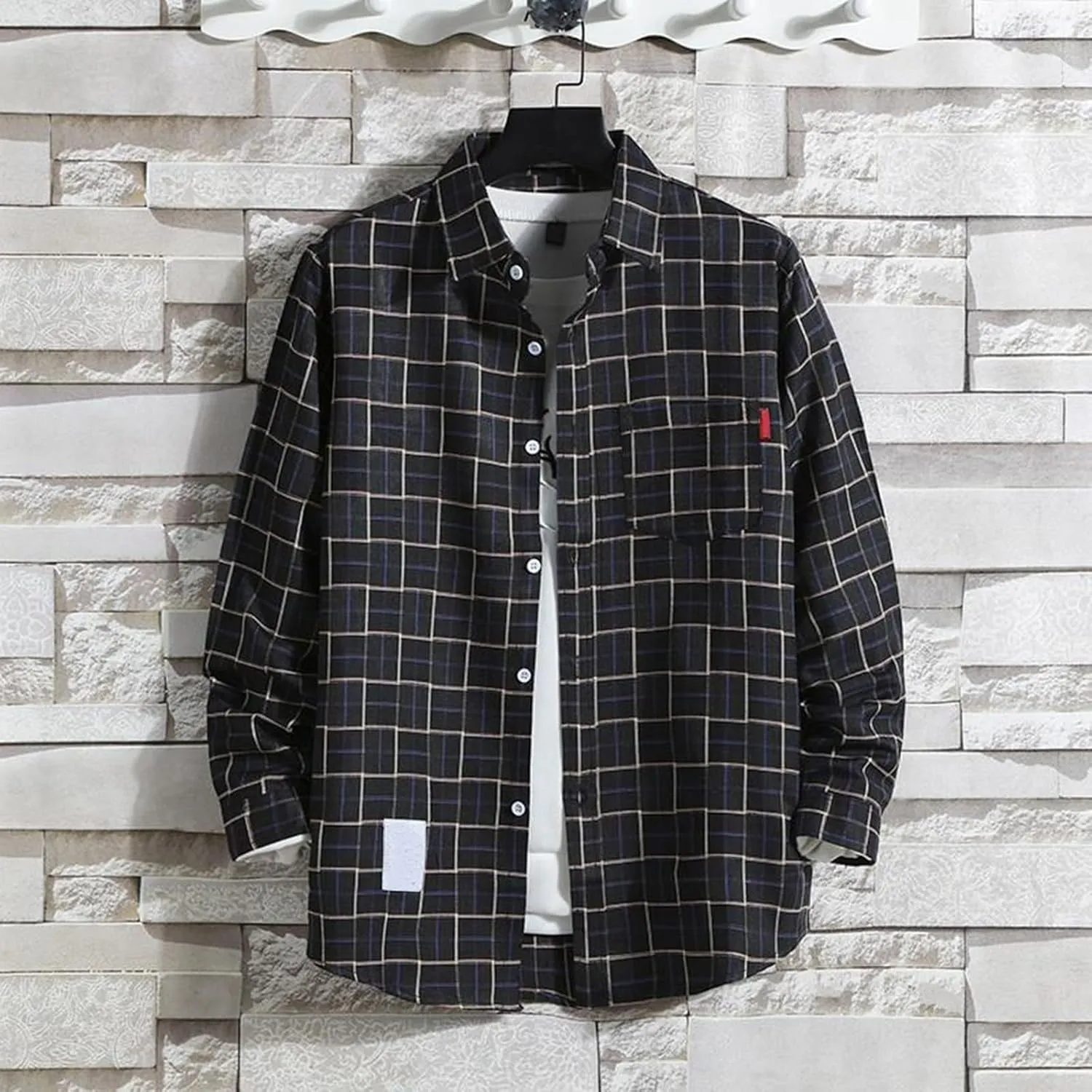Mens Button Down Shirts Long Sleeve Slim Fit Shirts Vintage Checked Casual Stylish T-Shirts Fall Cardigan with Pockets