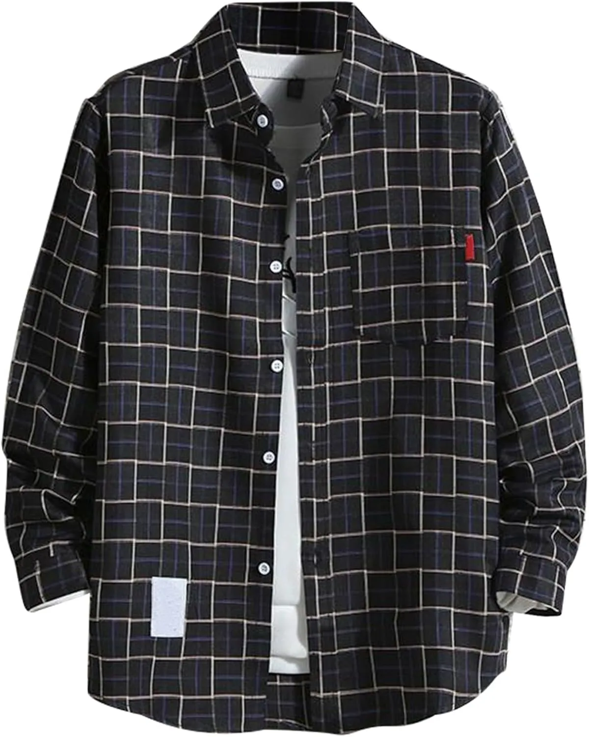 Mens Button Down Shirts Long Sleeve Slim Fit Shirts Vintage Checked Casual Stylish T-Shirts Fall Cardigan with Pockets