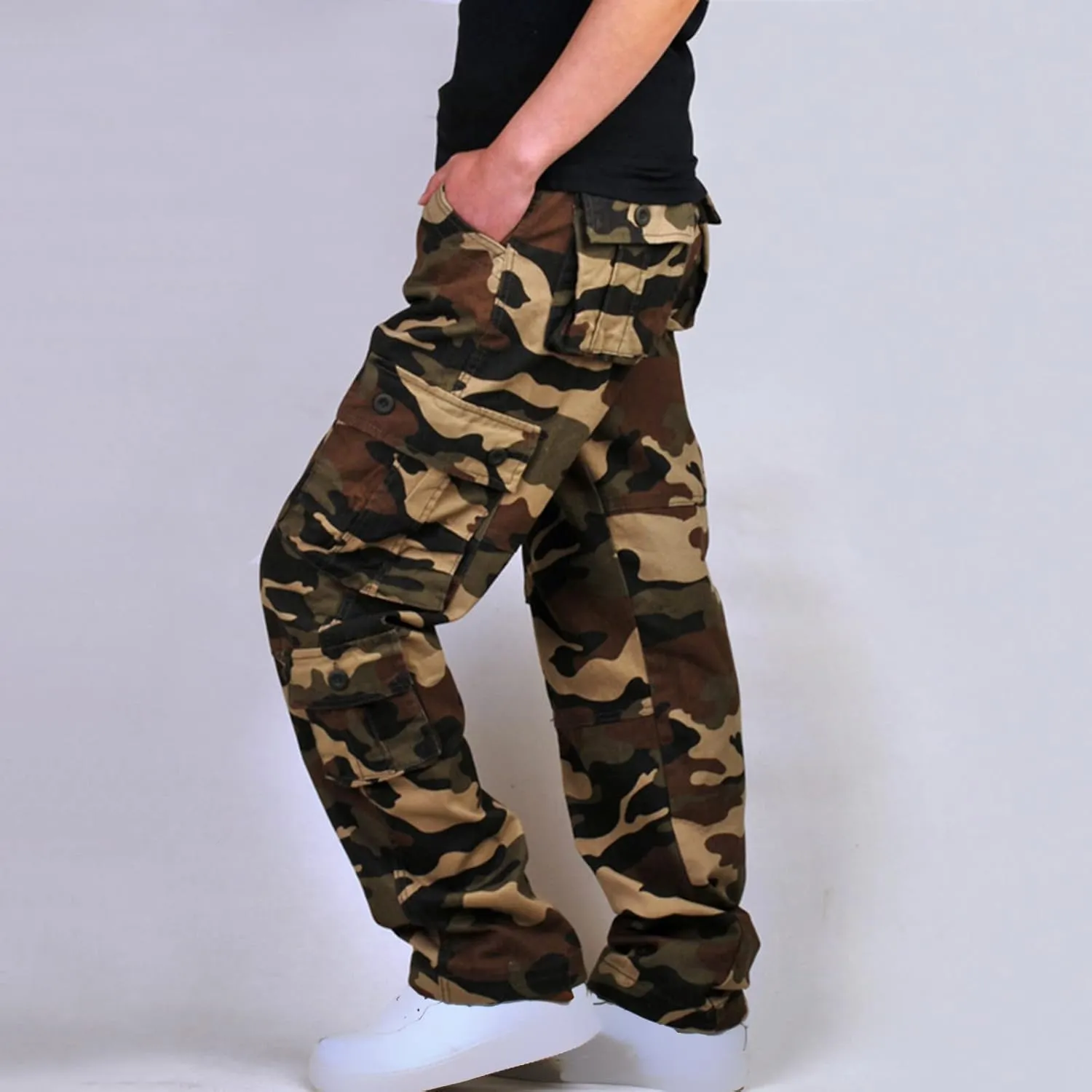 Men's Camo Hiking Pants Lightweight Tactical Pants Fashion Outdoor Stretch Waist Cargo Work Pants with Multi Pockets