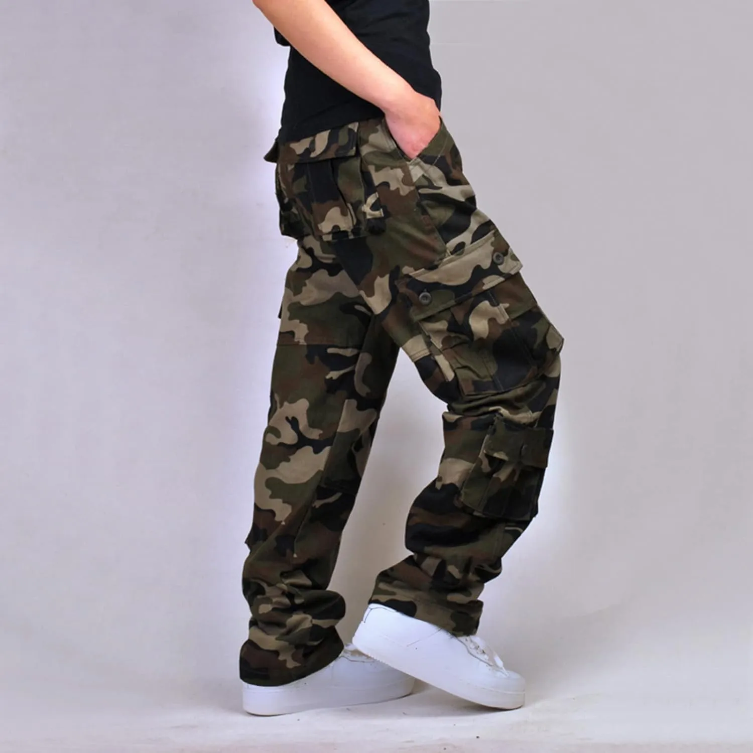 Men's Camo Hiking Pants Lightweight Tactical Pants Fashion Outdoor Stretch Waist Cargo Work Pants with Multi Pockets