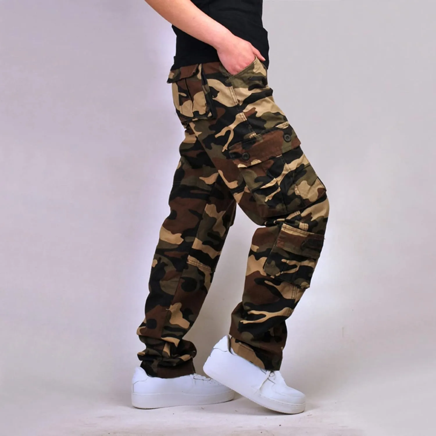 Men's Camo Hiking Pants Lightweight Tactical Pants Fashion Outdoor Stretch Waist Cargo Work Pants with Multi Pockets