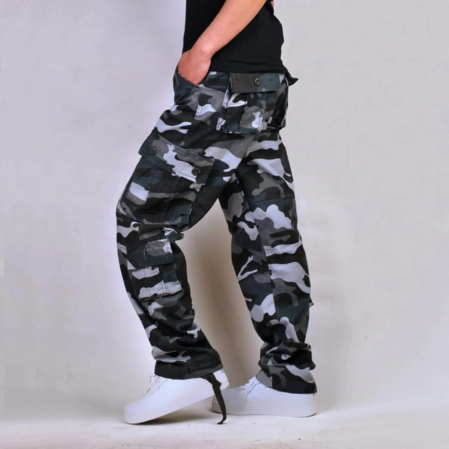 Men's Camo Hiking Pants Lightweight Tactical Pants Fashion Outdoor Stretch Waist Cargo Work Pants with Multi Pockets