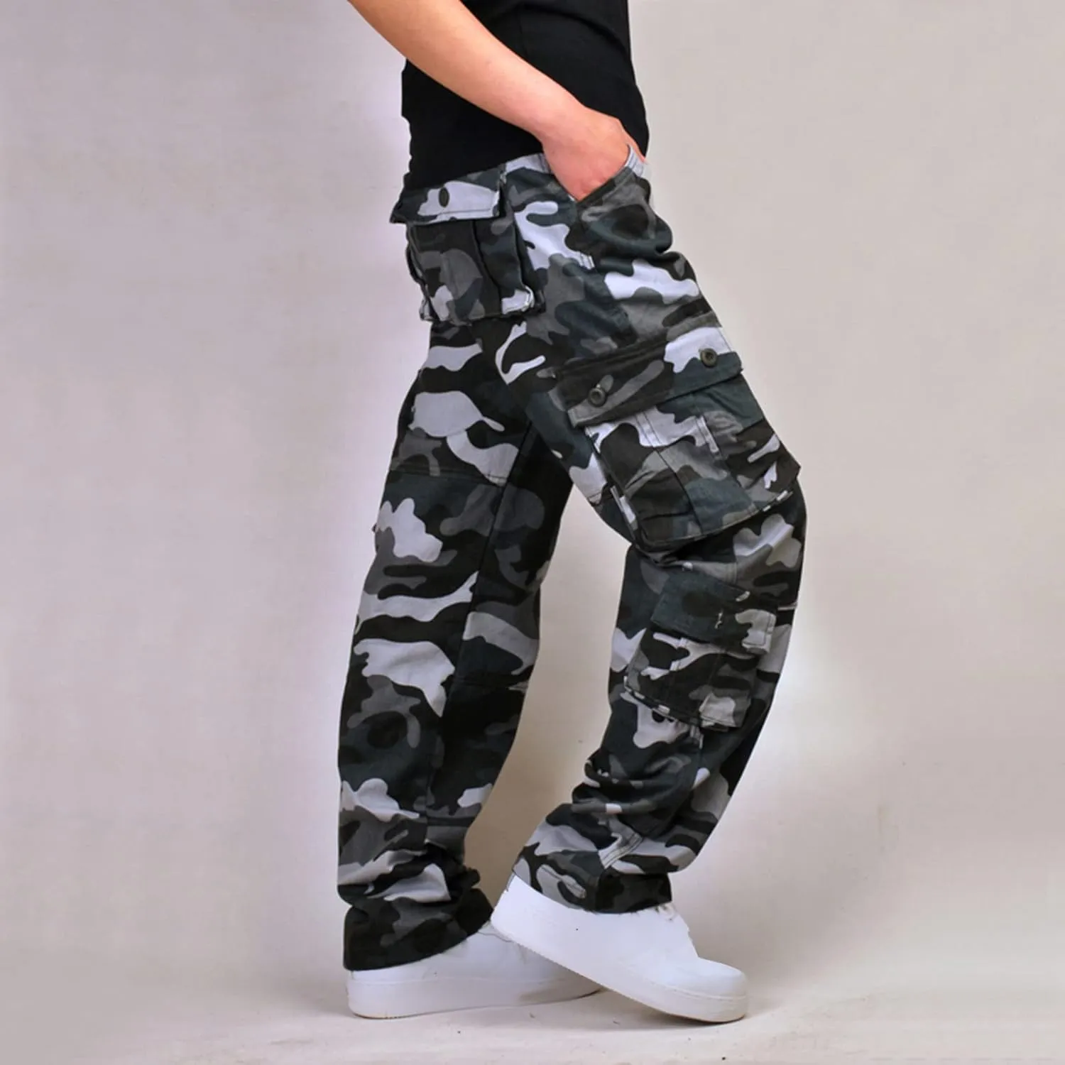 Men's Camo Hiking Pants Lightweight Tactical Pants Fashion Outdoor Stretch Waist Cargo Work Pants with Multi Pockets