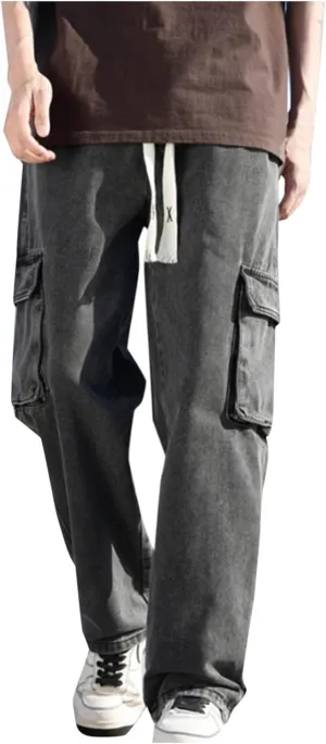 Mens Cargo Pants 2024 Casual Stretch Waist Drawstring Pants Loose Fit Wide Leg Cargo Pants with Multi-Pockets