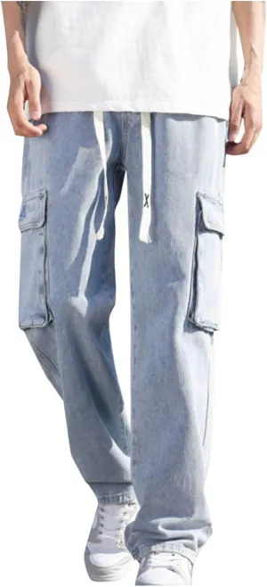 Mens Cargo Pants 2024 Casual Stretch Waist Drawstring Pants Loose Fit Wide Leg Cargo Pants with Multi-Pockets