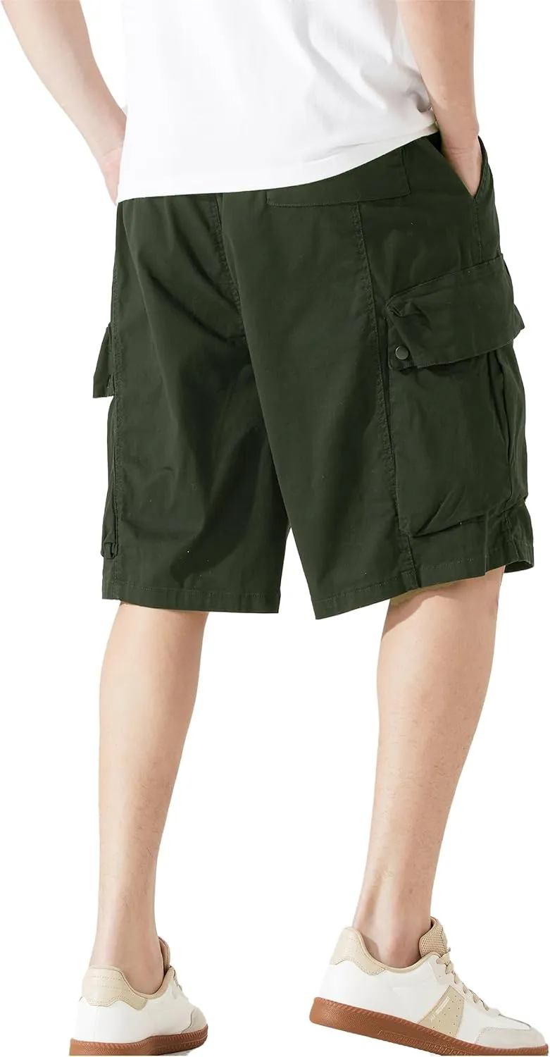 Men's Cargo Shorts Casual Work Shorts with Pockets, Elastic Waist & Drawstring, Relaxed Fit Cotton Utility
