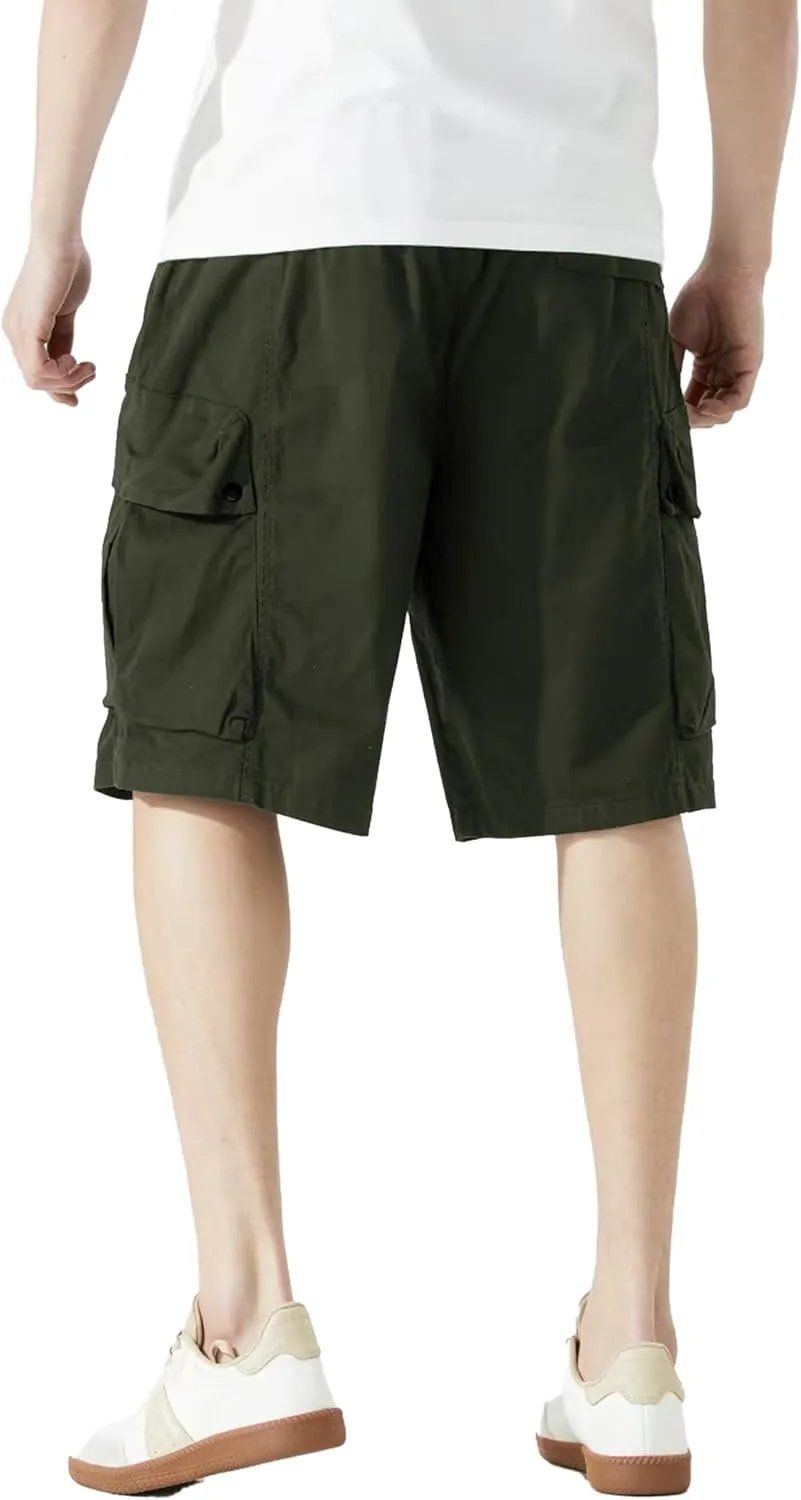 Men's Cargo Shorts Casual Work Shorts with Pockets, Elastic Waist & Drawstring, Relaxed Fit Cotton Utility