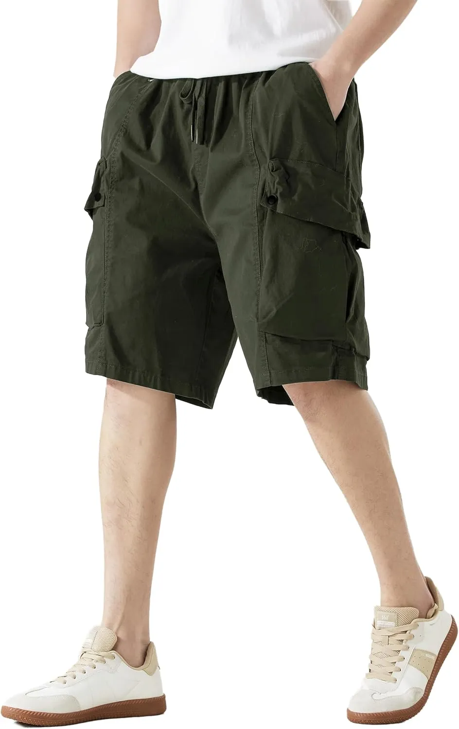 Men's Cargo Shorts Casual Work Shorts with Pockets, Elastic Waist & Drawstring, Relaxed Fit Cotton Utility