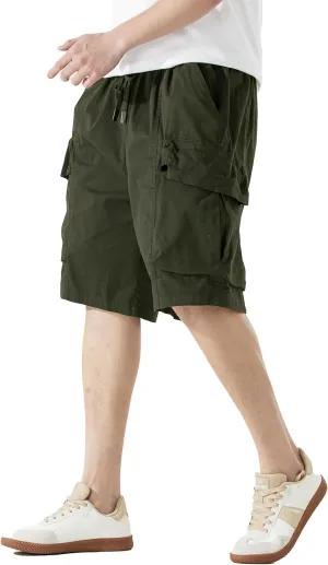 Men's Cargo Shorts Casual Work Shorts with Pockets, Elastic Waist & Drawstring, Relaxed Fit Cotton Utility
