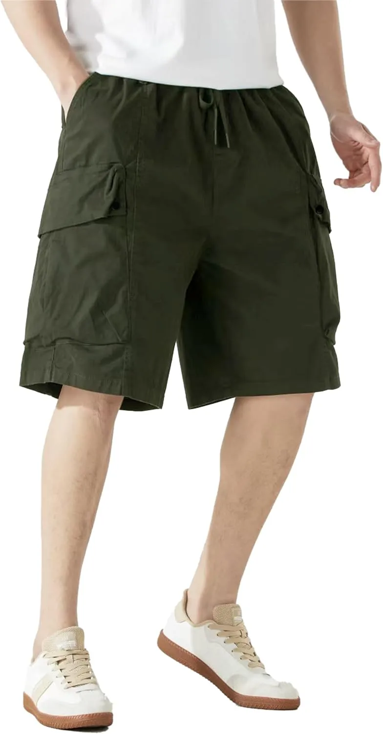 Men's Cargo Shorts Casual Work Shorts with Pockets, Elastic Waist & Drawstring, Relaxed Fit Cotton Utility