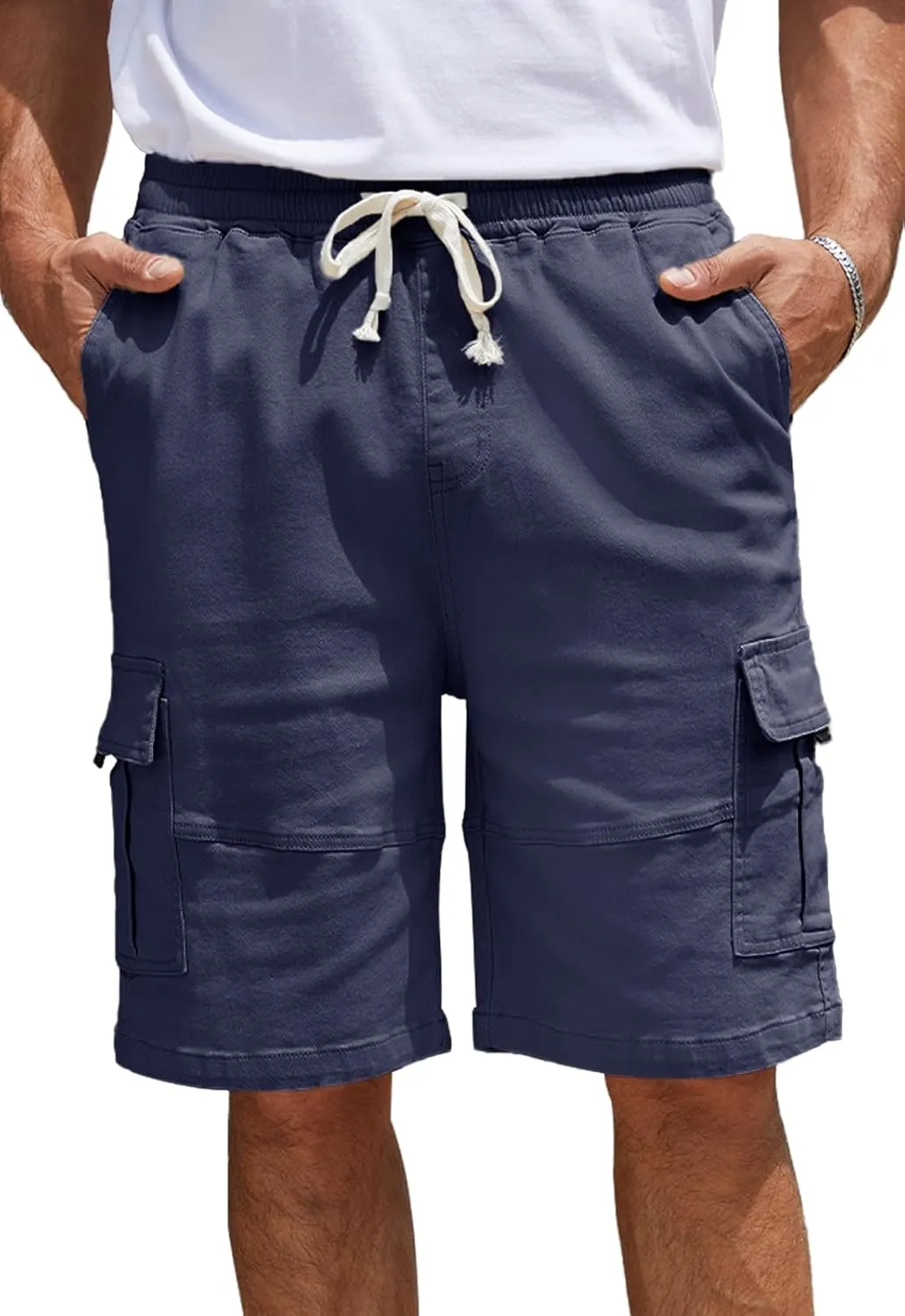 Men's Cargo Shorts Relaxed Fit Drawstring Elastic Waist Stretch Cotton Casual Shorts with 6 Pockets
