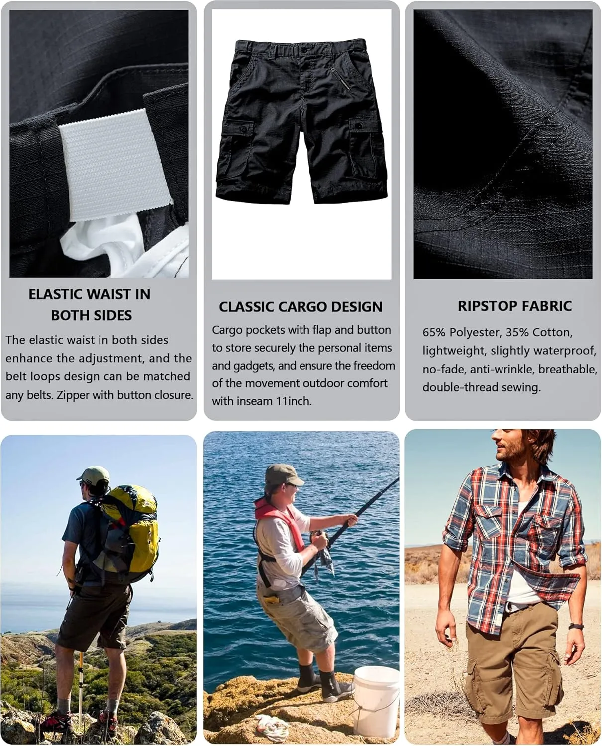 Men's Cargo Shorts Relaxed Fit Elastic Waist Casual Work Shorts 11" Inseam Outdoor Shorts with 6 Pockets