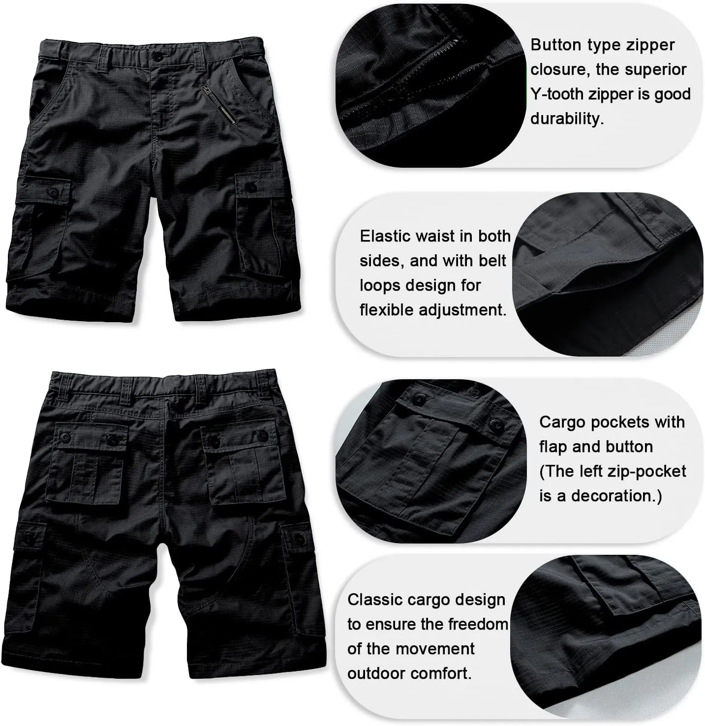 Men's Cargo Shorts Relaxed Fit Elastic Waist Casual Work Shorts 11" Inseam Outdoor Shorts with 6 Pockets
