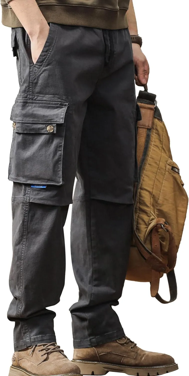 Men's Casual Cargo Pants with Flap Pockets & Drawstring Elastic Waist, Cotton Stretch Hiking Work Pants
