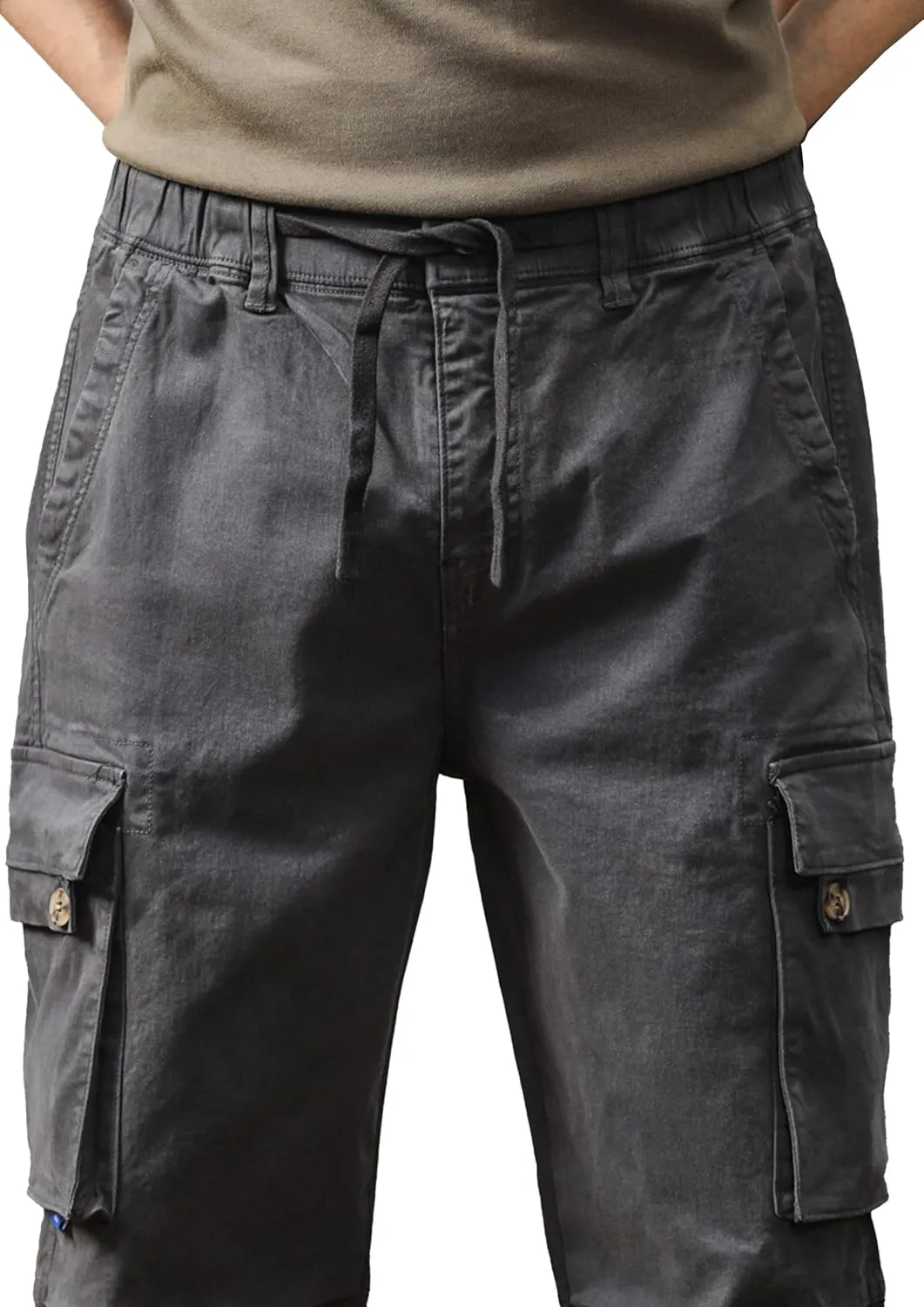 Men's Casual Cargo Pants with Flap Pockets & Drawstring Elastic Waist, Cotton Stretch Hiking Work Pants