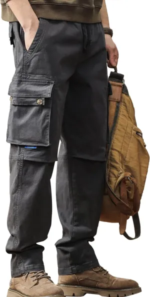 Men's Casual Cargo Pants with Flap Pockets & Drawstring Elastic Waist, Cotton Stretch Hiking Work Pants
