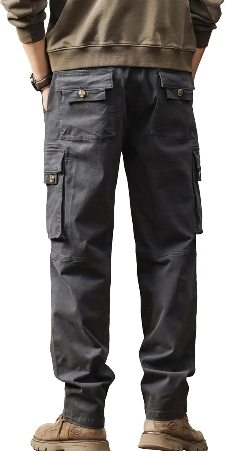 Men's Casual Cargo Pants with Flap Pockets & Drawstring Elastic Waist, Cotton Stretch Hiking Work Pants