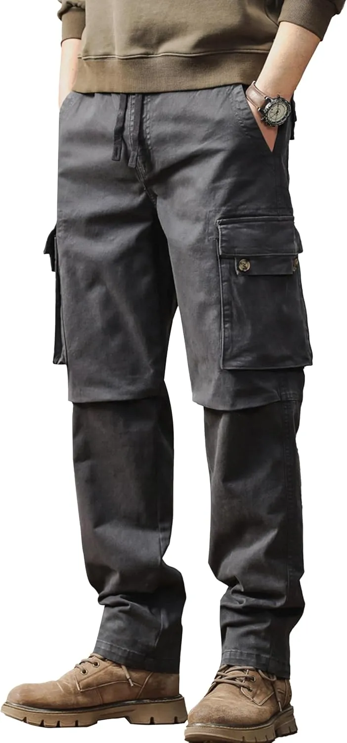 Men's Casual Cargo Pants with Flap Pockets & Drawstring Elastic Waist, Cotton Stretch Hiking Work Pants