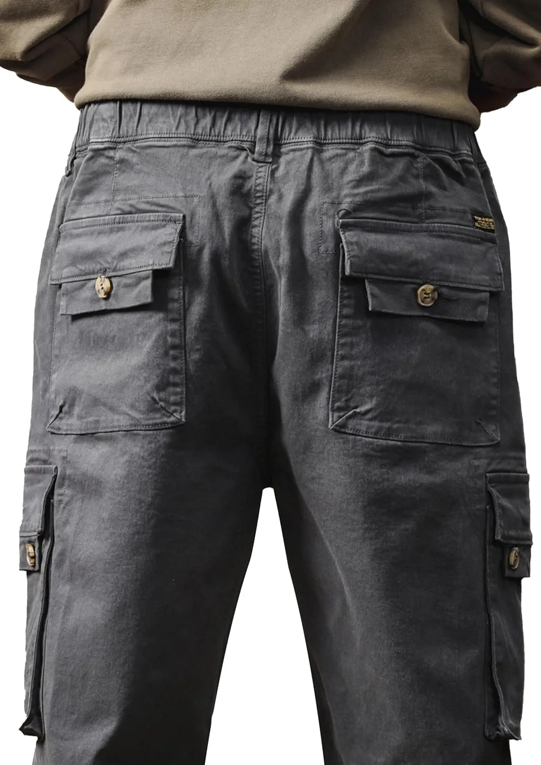 Men's Casual Cargo Pants with Flap Pockets & Drawstring Elastic Waist, Cotton Stretch Hiking Work Pants