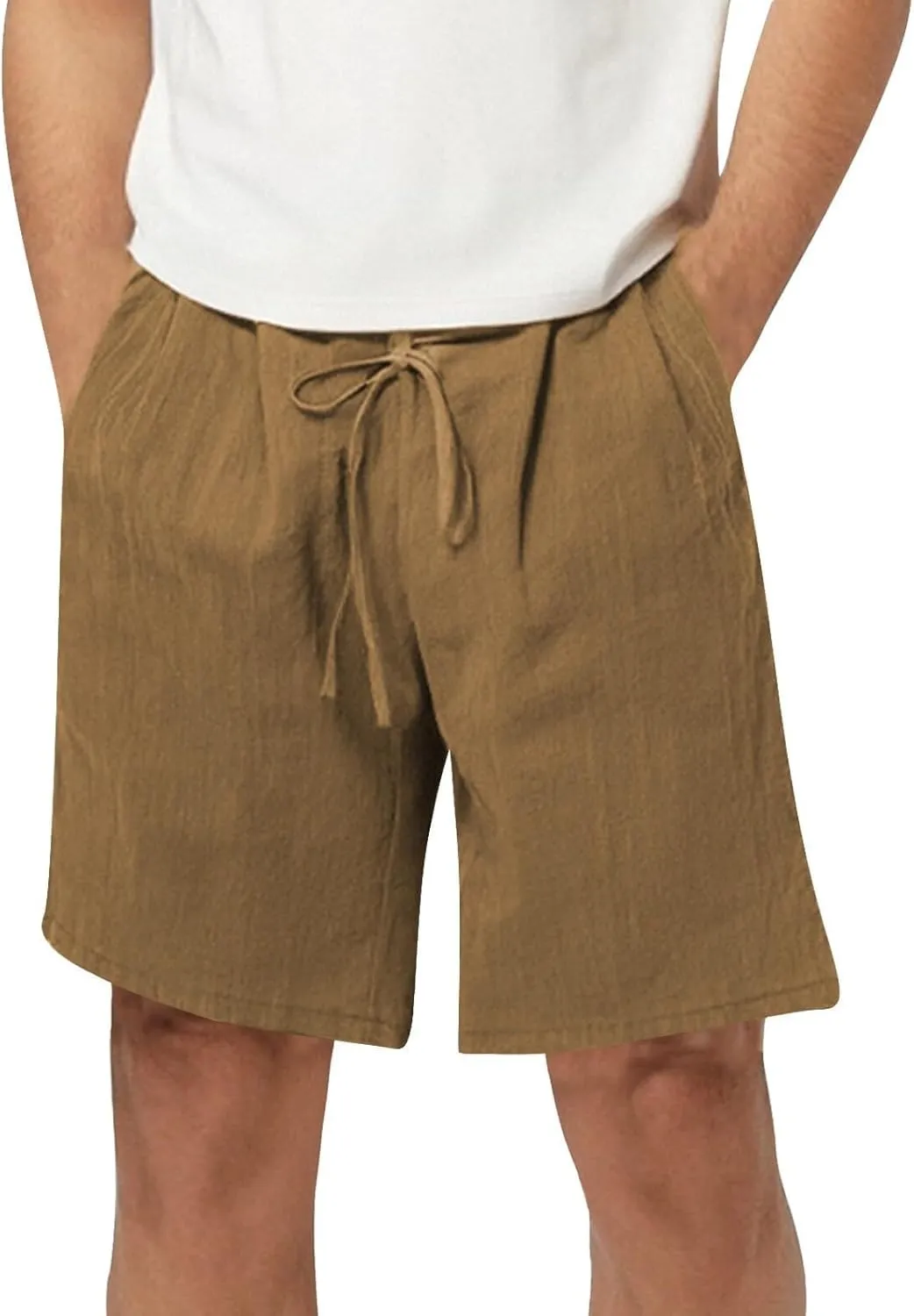 Men's Casual Drawstring Shorts Cotton Linen Loose Fit Breathable Shorts Summer Solid Color Lightweight Sweatpants