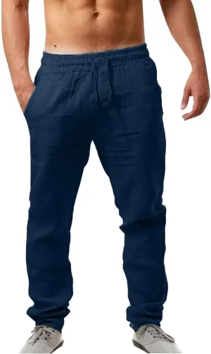 Mens Casual Pants Lightweight Drawstring Chino Pants, Summer Linen Elastic Waist Flat Front Cropped Pants