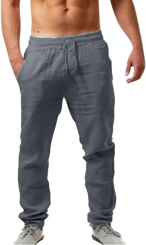 Mens Casual Pants Lightweight Drawstring Chino Pants, Summer Linen Elastic Waist Flat Front Cropped Pants