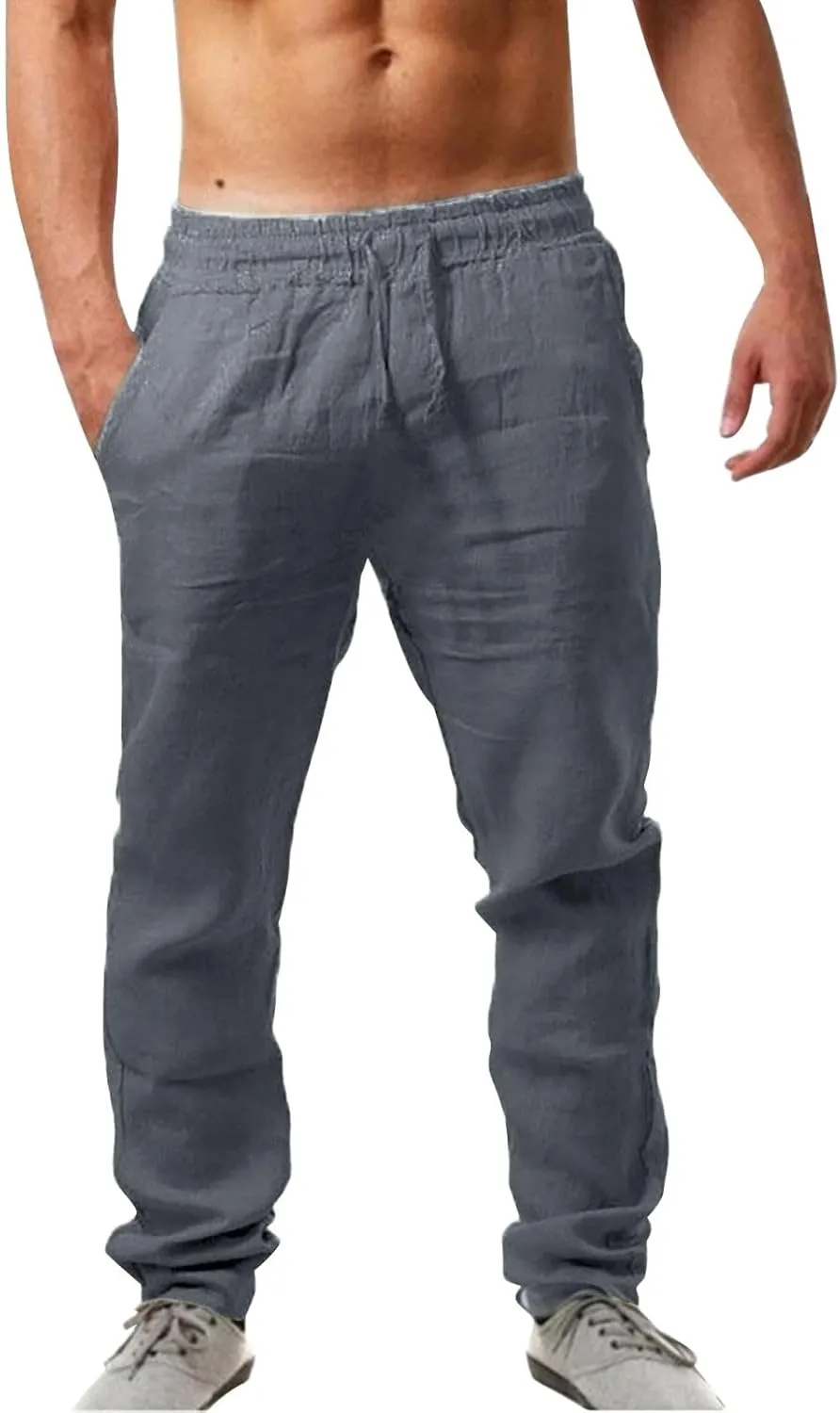 Mens Casual Pants Lightweight Drawstring Chino Pants, Summer Linen Elastic Waist Flat Front Cropped Pants