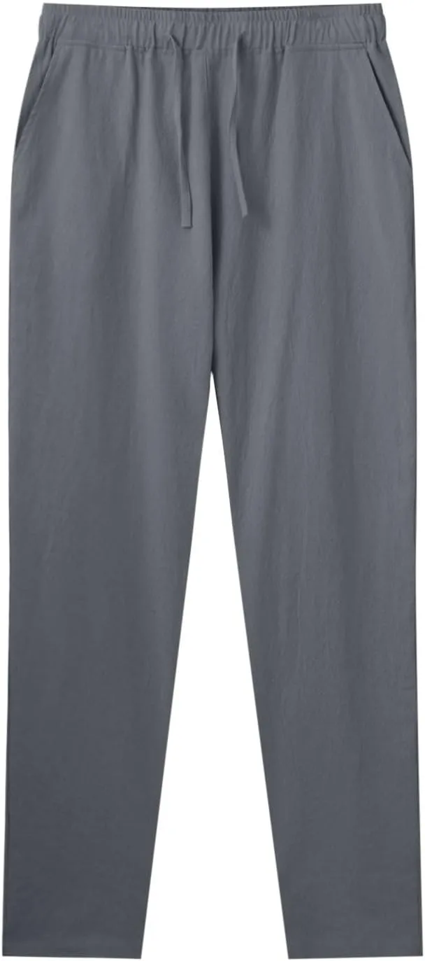Mens Casual Pants Lightweight Drawstring Chino Pants, Summer Linen Elastic Waist Flat Front Cropped Pants