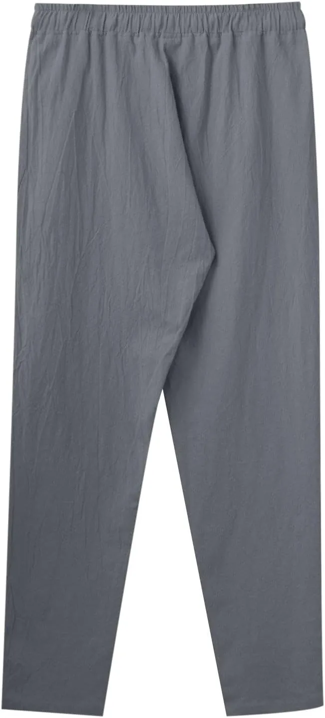 Mens Casual Pants Lightweight Drawstring Chino Pants, Summer Linen Elastic Waist Flat Front Cropped Pants