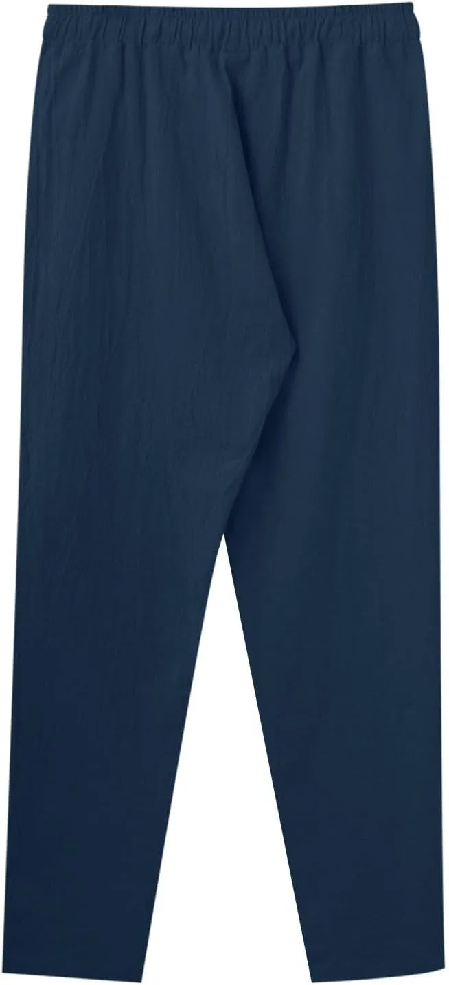 Mens Casual Pants Lightweight Drawstring Chino Pants, Summer Linen Elastic Waist Flat Front Cropped Pants