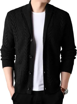 Men's Casual Rib Stand Collar Cardigan Shawl Collar Chunky Open Sweater Cable Knitted Button Down Sweaters