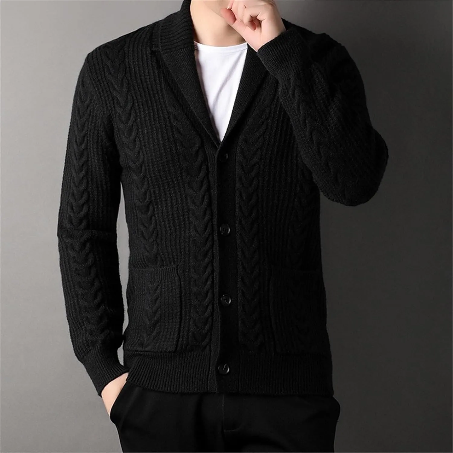 Men's Casual Rib Stand Collar Cardigan Shawl Collar Chunky Open Sweater Cable Knitted Button Down Sweaters