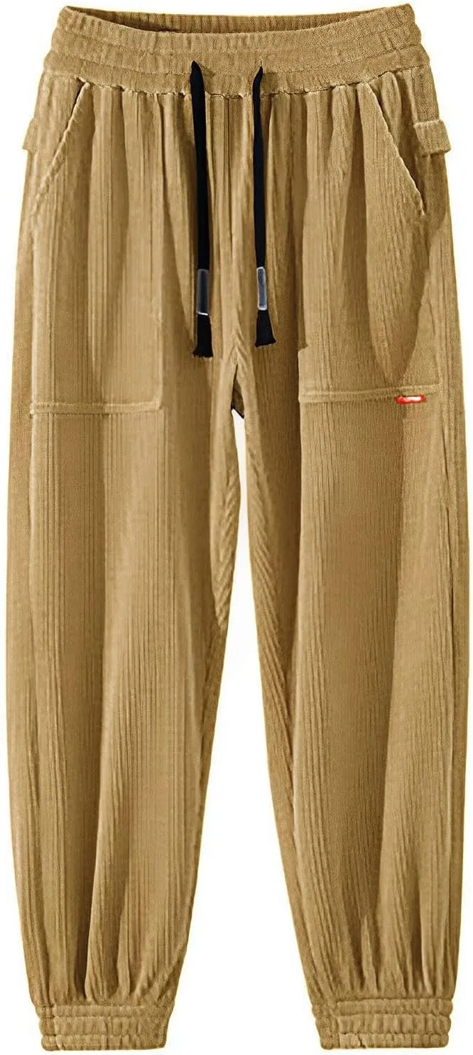 Men's Corduroy Pants Drawstring Elastic Waist Casual Tapered Trousers Fashion Streetwear Joggers Pants with Pockets