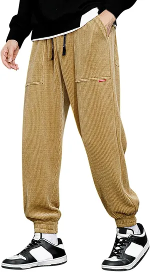Men's Corduroy Pants Drawstring Elastic Waist Casual Tapered Trousers Fashion Streetwear Joggers Pants with Pockets