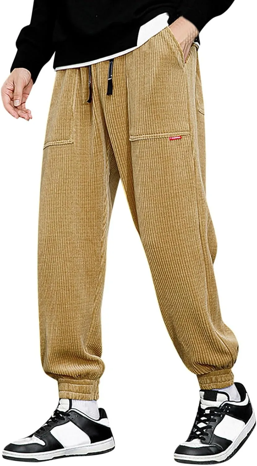Men's Corduroy Pants Drawstring Elastic Waist Casual Tapered Trousers Fashion Streetwear Joggers Pants with Pockets
