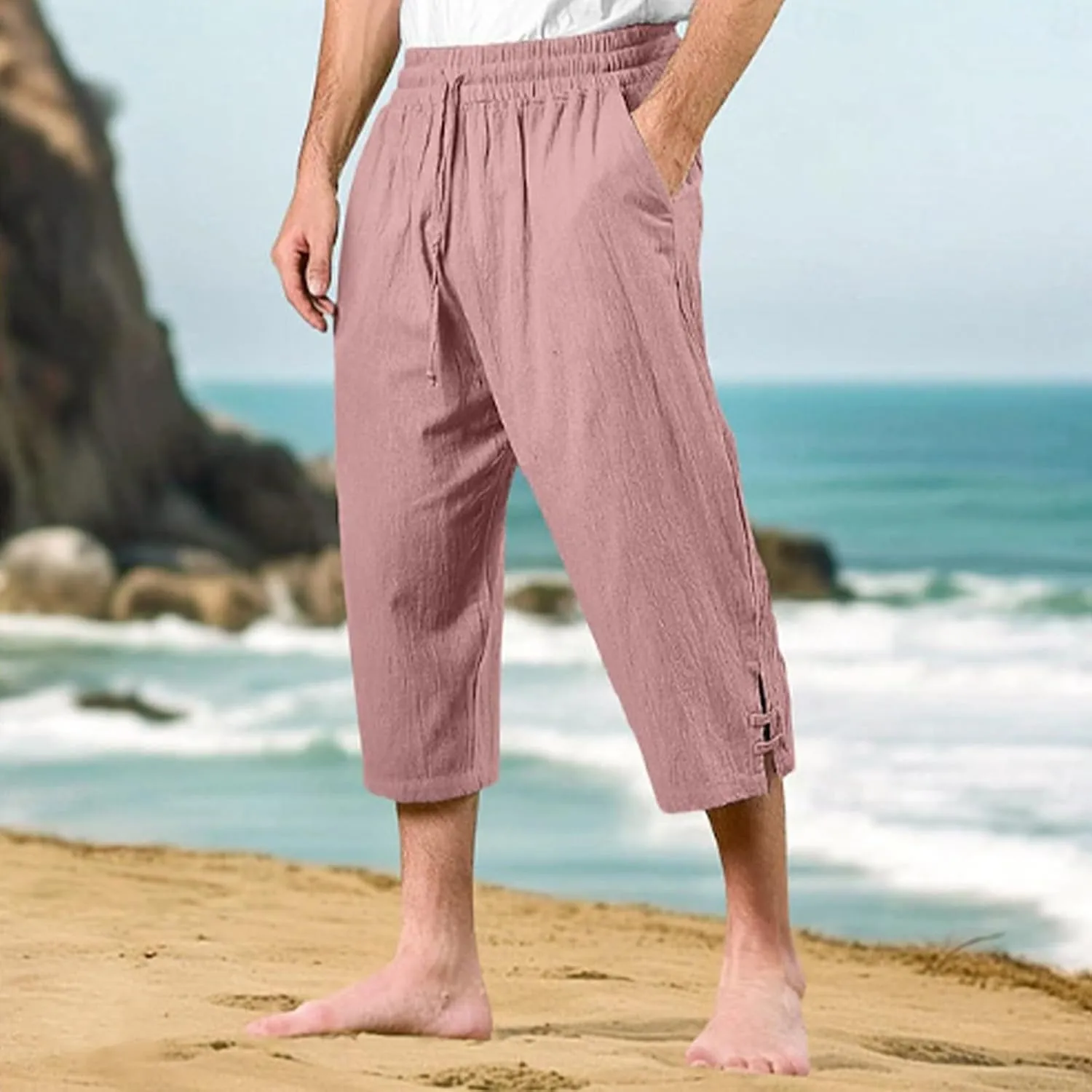 Men's Cotton Linen Capri Pants Baggy Harem Drawstring Yoga Beach Pant with Pockets Drawstring Hippie Plain Cropped