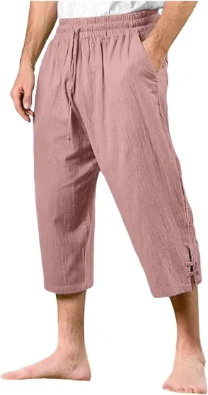 Men's Cotton Linen Capri Pants Baggy Harem Drawstring Yoga Beach Pant with Pockets Drawstring Hippie Plain Cropped