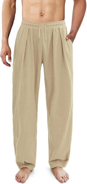 Mens Cotton Linen Drawstring Pants Elastic Waist Casual Jogger with Pockets Loose Fit Summer Yoga Pants for Men