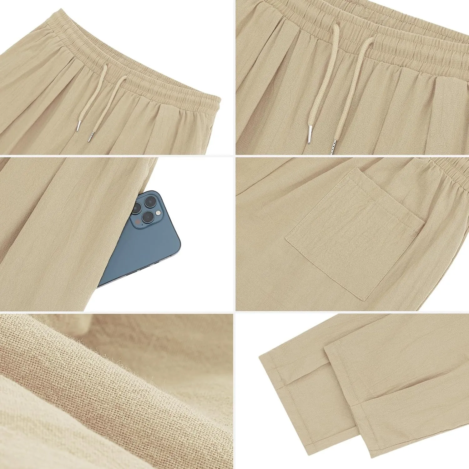 Mens Cotton Linen Drawstring Pants Elastic Waist Casual Jogger with Pockets Loose Fit Summer Yoga Pants for Men