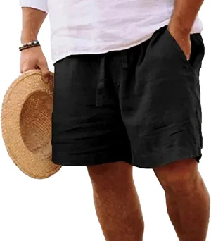 Men's Cotton Linen Elastic Waist Lounge Shorts Solid Beach Golf Shorts with Pockets Casual Drawstring Summer Shorts