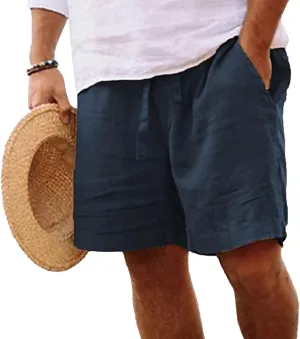 Men's Cotton Linen Elastic Waist Lounge Shorts Solid Beach Golf Shorts with Pockets Casual Drawstring Summer Shorts
