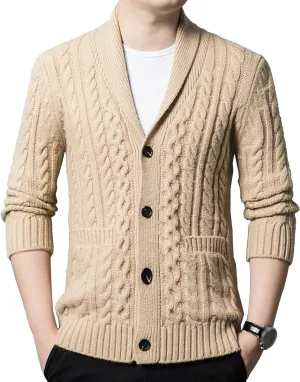 Mens Fit Long Sleeve Casual Cardigans Button Down Cable Knitted Sweater with Pockets Winter Chunky Open Sweaters