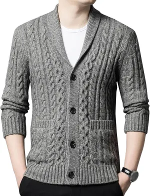 Mens Fit Long Sleeve Casual Cardigans Button Down Cable Knitted Sweater with Pockets Winter Chunky Open Sweaters