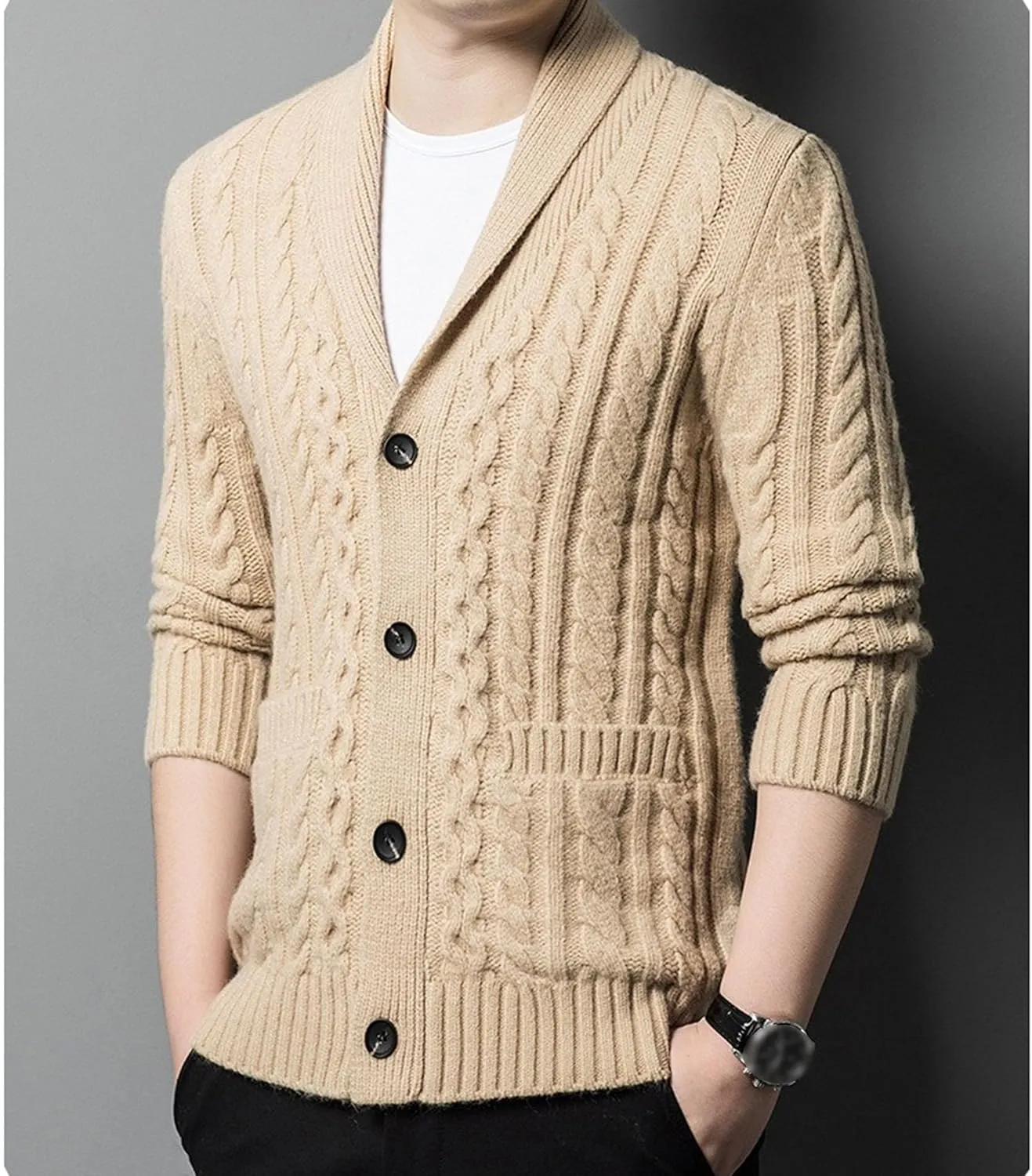 Mens Fit Long Sleeve Casual Cardigans Button Down Cable Knitted Sweater with Pockets Winter Chunky Open Sweaters