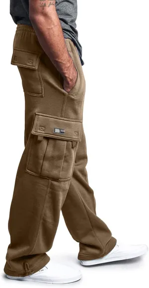 Mens Fleece Cargo Sweatpants Big and Tall Baggy Drawstring Joggers Plus Size Loose Stretch Waist Straight Atheltic Pants