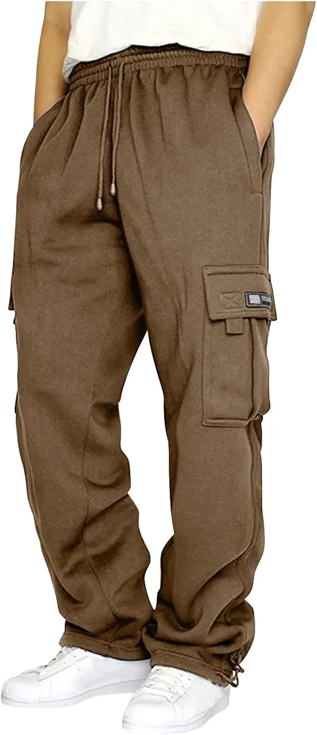Mens Fleece Cargo Sweatpants Big and Tall Baggy Drawstring Joggers Plus Size Loose Stretch Waist Straight Atheltic Pants