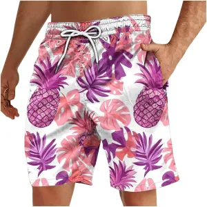 Men's Flower Flat Front Beach Shorts Casual Aloha Hawaiian Shorts Quick Dry Swim Trunks Summer Surf Board Shorts