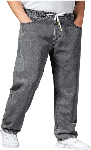 Mens Jeans Plus Size Denim Pants Loose Fit Pants Trousers Comfy Straight Leg Pants Drawstring Jean Pants Sweatpants