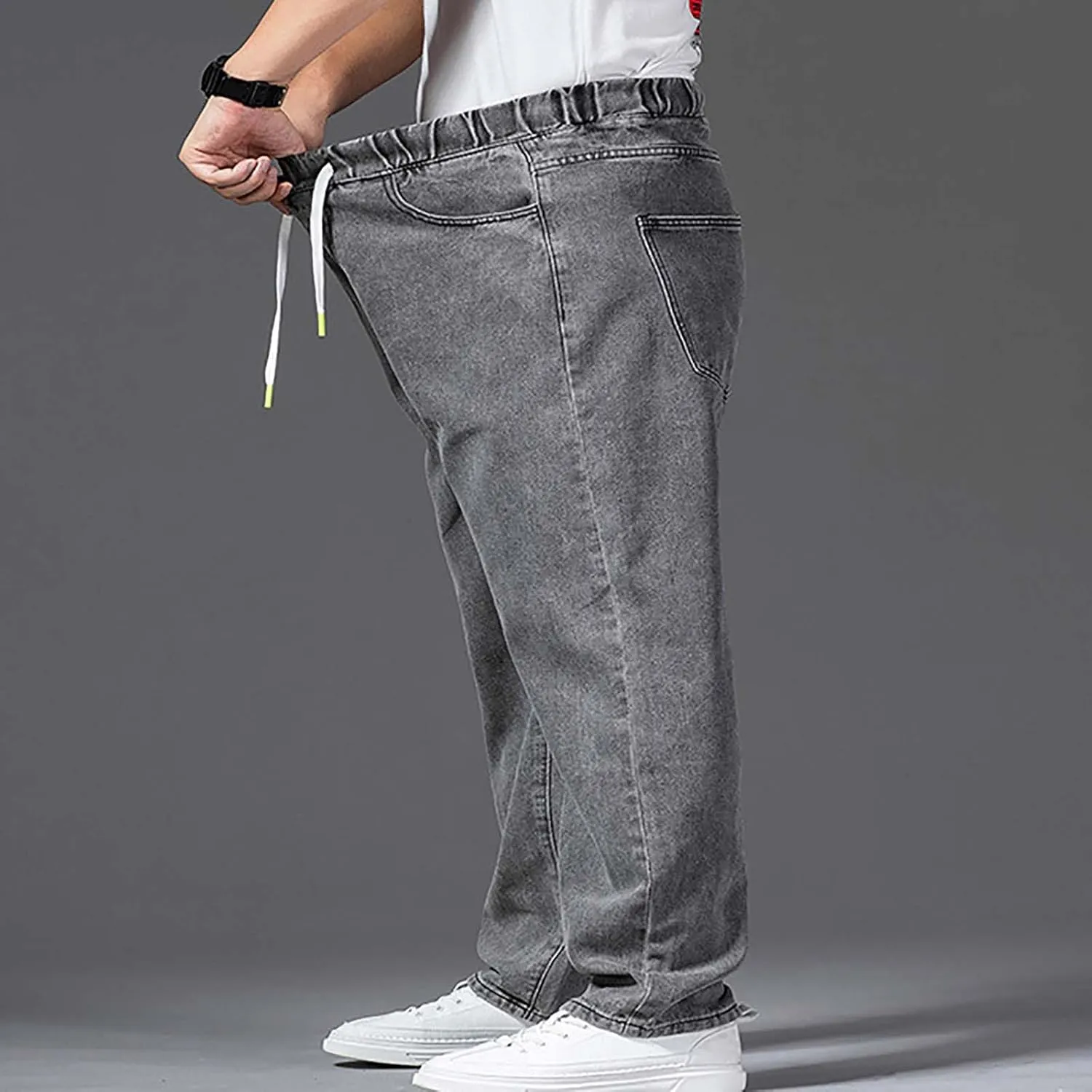 Mens Jeans Plus Size Denim Pants Loose Fit Pants Trousers Comfy Straight Leg Pants Drawstring Jean Pants Sweatpants