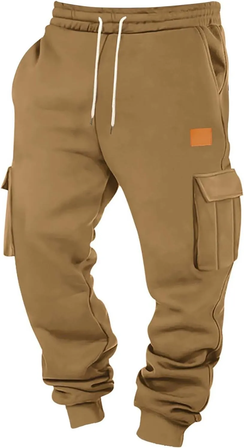 Mens Jogger Sweatpants Open Bottom Warm Fleece Lined Cargo Pants Relaxed Fit Tapered Winter Work Pants with Pockets